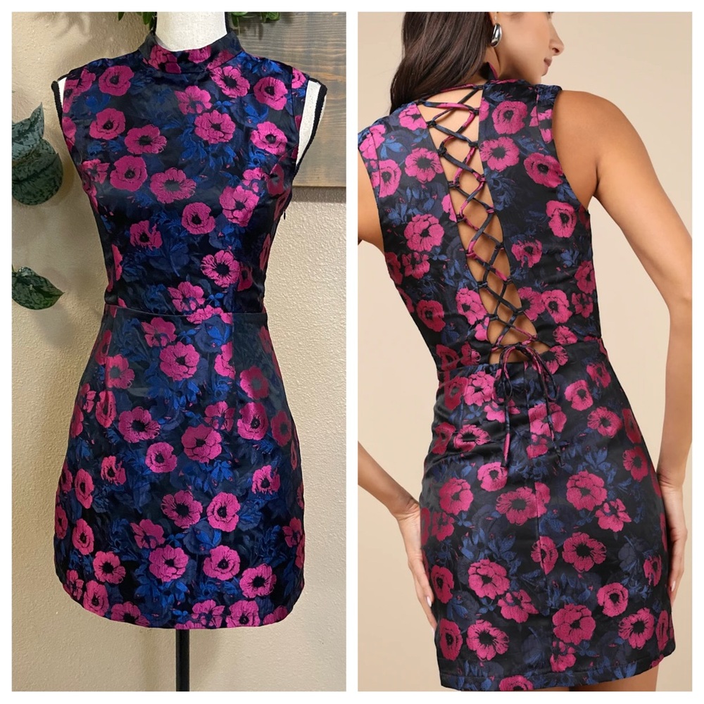 Lulu's Navy Floral Lace-Up Back Mini Dress with Fuchsia Flowers